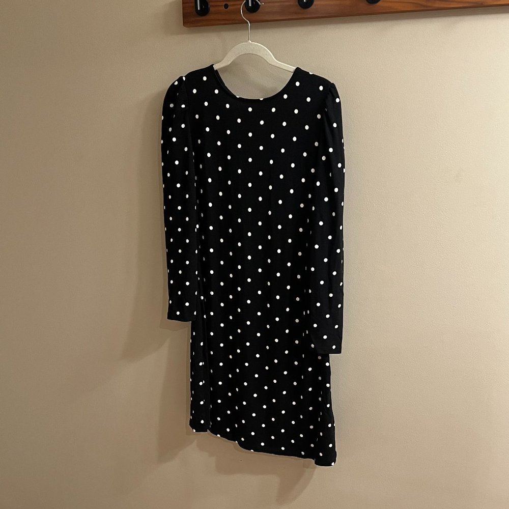 Longsleeve knit dress, new with tag, fitted waist, black w/ white dots, size L